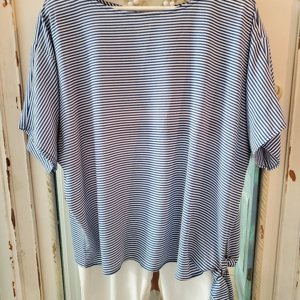 Michael Kors Boat Neck Blue Pin stripped Pull Over Top with side tie